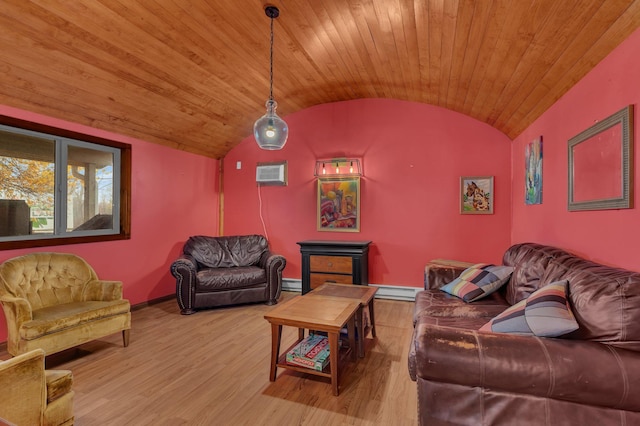 living room with light wood-type flooring, lofted ceiling, and wood ceiling