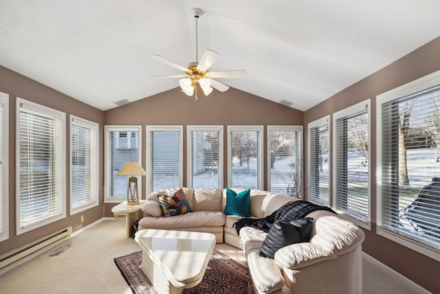 sunroom featuring lofted ceiling, a wealth of natural light, and a baseboard heating unit