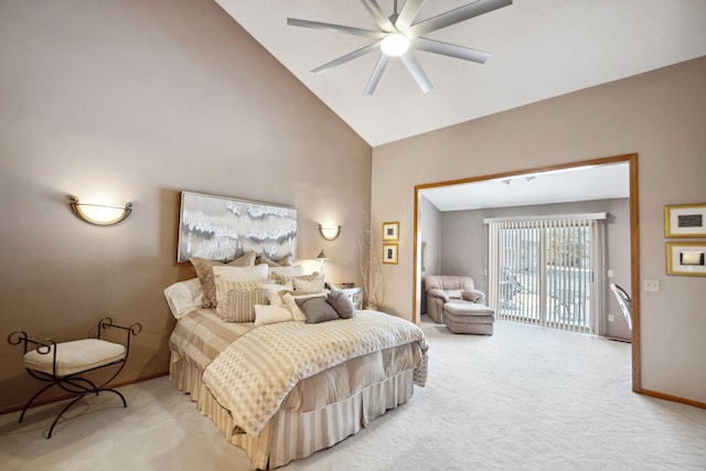 bedroom with ceiling fan, access to exterior, carpet floors, and high vaulted ceiling