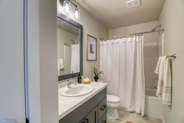 full bathroom with vanity, shower / bathtub combination with curtain, and toilet