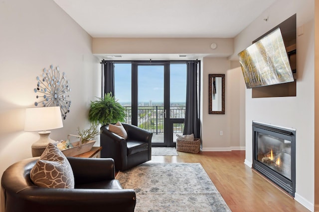 living area with light hardwood / wood-style flooring