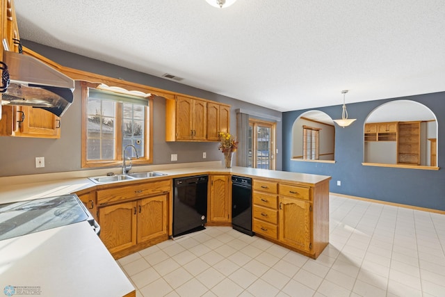 kitchen with pendant lighting, sink, black dishwasher, a textured ceiling, and kitchen peninsula