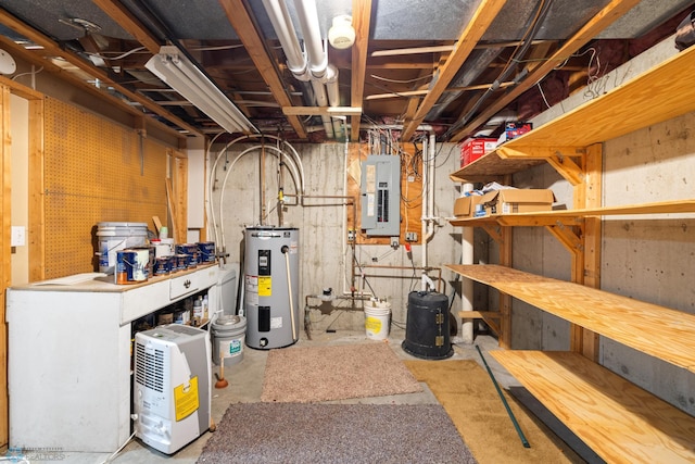 basement featuring electric panel, electric water heater, and a workshop area