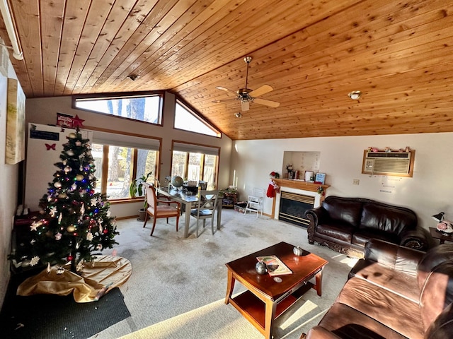 living room featuring wood ceiling, light colored carpet, ceiling fan, an AC wall unit, and lofted ceiling