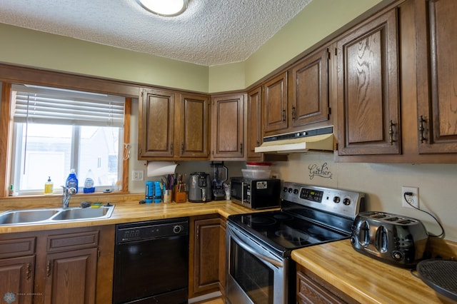 kitchen with sink, black dishwasher, wooden counters, a textured ceiling, and stainless steel electric range