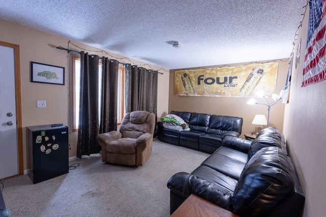 living room featuring carpet and a textured ceiling