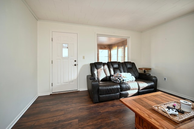 living room with crown molding and dark hardwood / wood-style flooring