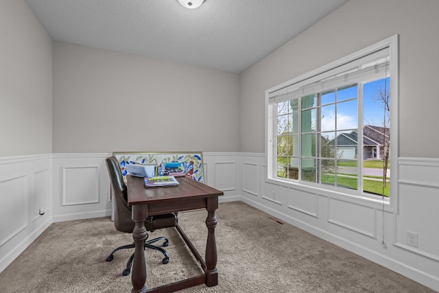 carpeted office with a textured ceiling, wainscoting, and a decorative wall