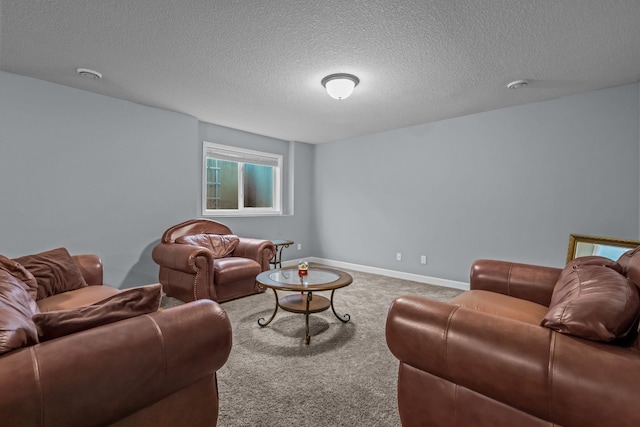 carpeted living area with a textured ceiling and baseboards