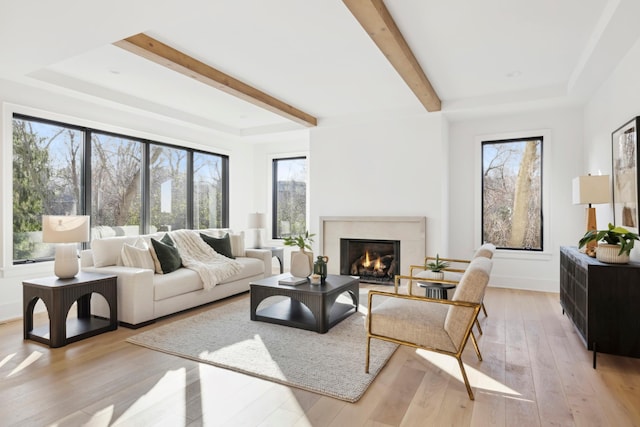 living room featuring beam ceiling, light wood-type flooring, and a wealth of natural light