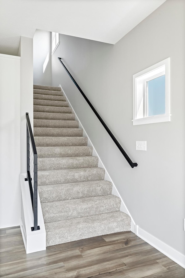 stairway with hardwood / wood-style flooring