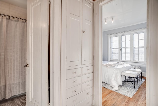 bedroom with light wood-type flooring and crown molding