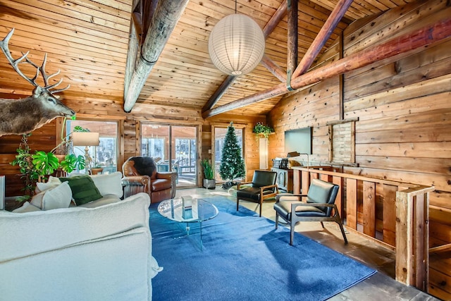 unfurnished living room with high vaulted ceiling, wood walls, wooden ceiling, and beam ceiling