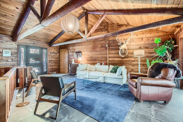 living room featuring lofted ceiling with beams, wood walls, and wooden ceiling