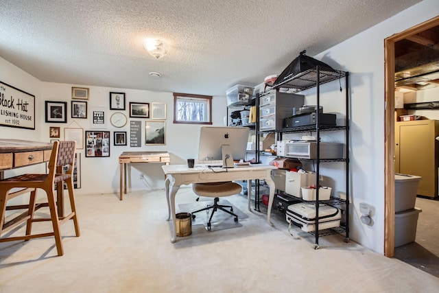 office space featuring light carpet and a textured ceiling