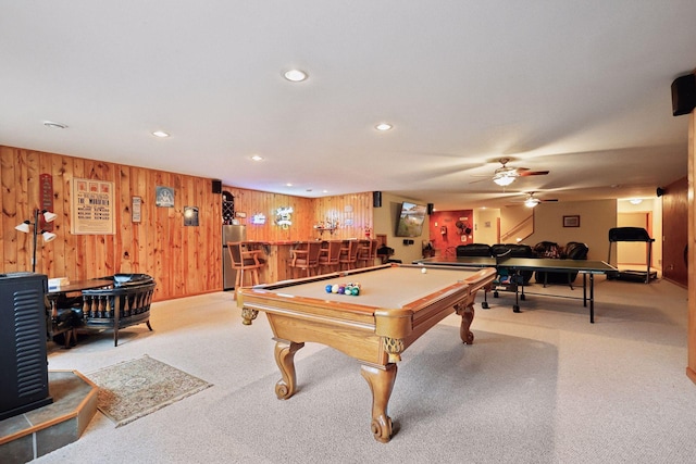 rec room featuring light colored carpet, billiards, ceiling fan, and indoor bar