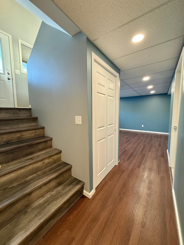 staircase with hardwood / wood-style flooring and a drop ceiling