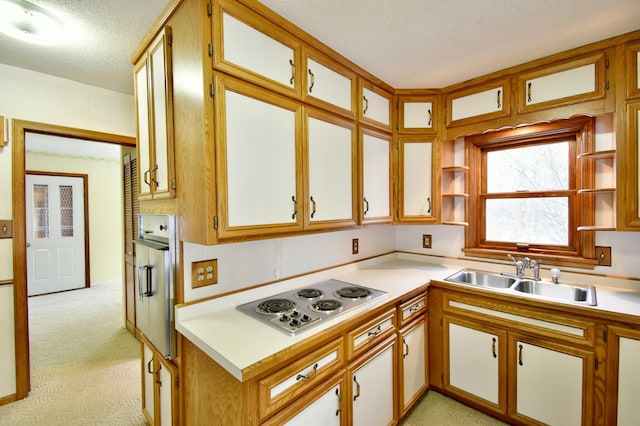 kitchen with a textured ceiling, light colored carpet, sink, and stainless steel appliances