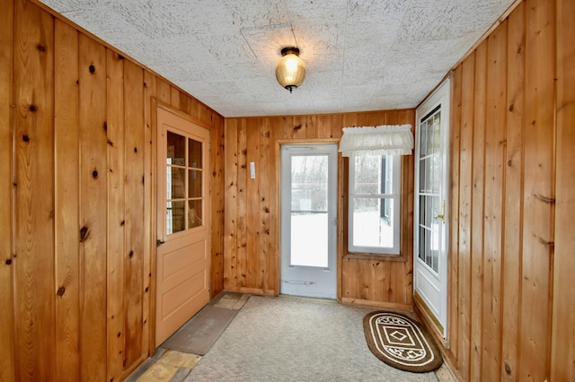 entryway with wood walls