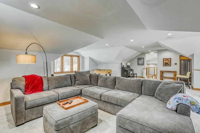 5517 Dickson Rd, Minnetonka, MN 55345 - living room featuring recessed lighting, light colored carpet, vaulted ceiling, and baseboards