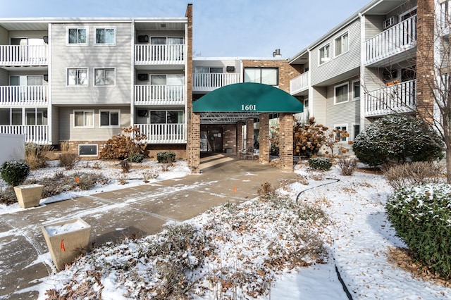 view of snow covered building