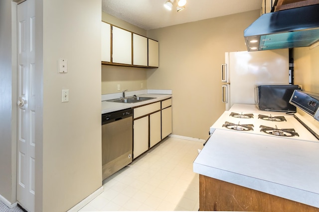 kitchen with white cabinets, white appliances, ventilation hood, and sink