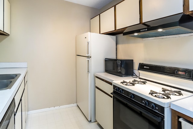 kitchen featuring white cabinetry, sink, exhaust hood, and white appliances