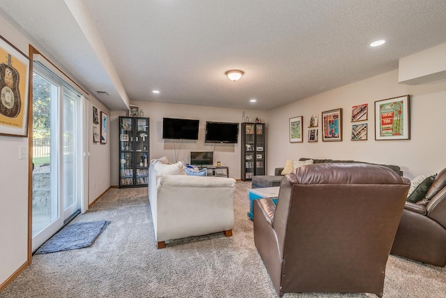 carpeted living room with a textured ceiling