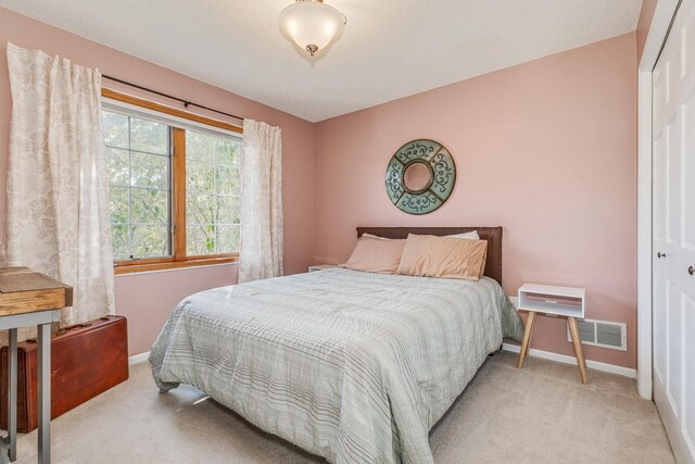 bedroom featuring a closet, light colored carpet, and a textured ceiling