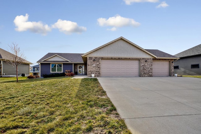 ranch-style house with a front yard and a garage