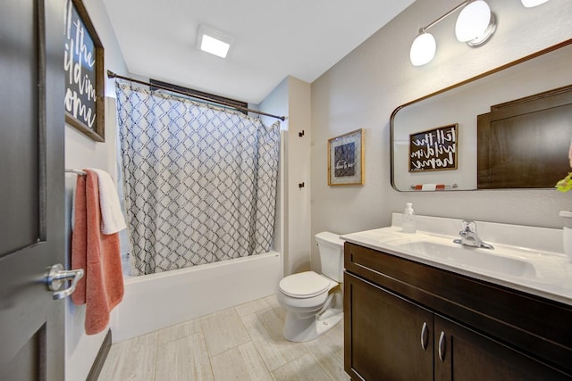 full bathroom featuring vanity, toilet, and shower / bathtub combination with curtain