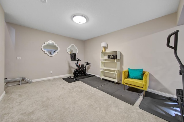 workout room featuring carpet floors