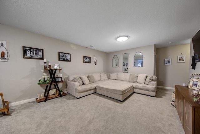 carpeted living room with a textured ceiling