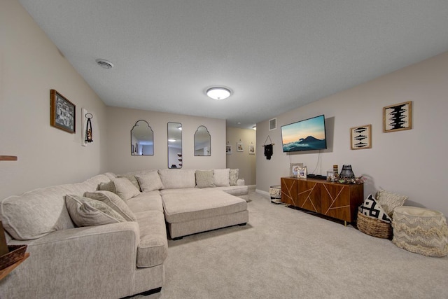 living room featuring carpet and a textured ceiling