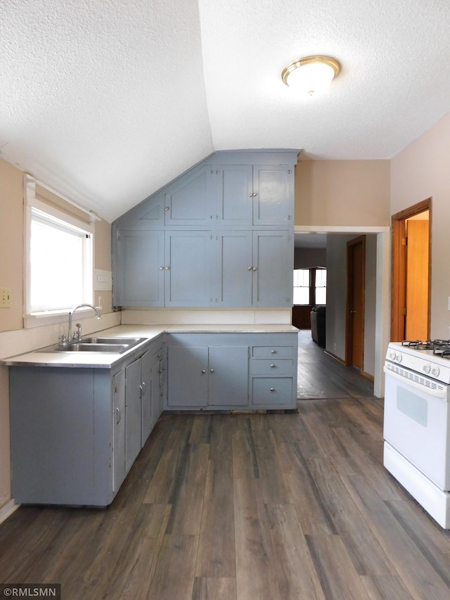 kitchen with sink, vaulted ceiling, a textured ceiling, white gas stove, and dark hardwood / wood-style flooring