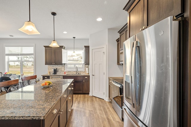 kitchen featuring plenty of natural light, hanging light fixtures, light wood-type flooring, and appliances with stainless steel finishes