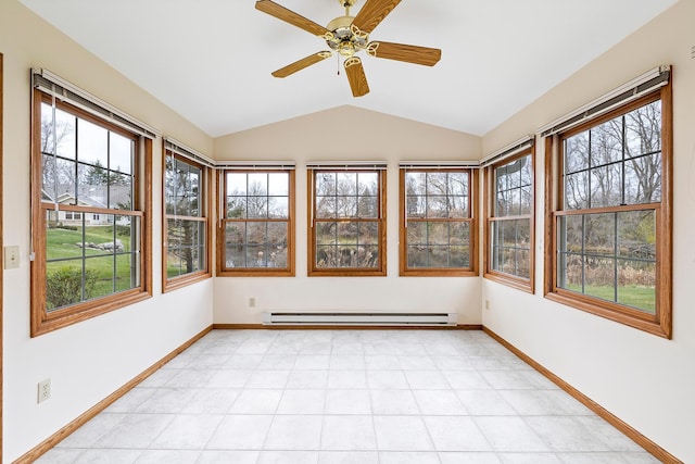 unfurnished sunroom featuring baseboard heating, ceiling fan, and lofted ceiling