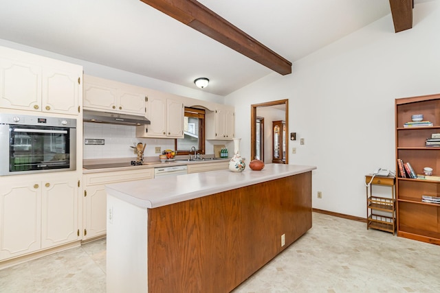 kitchen with vaulted ceiling with beams, under cabinet range hood, light countertops, dishwasher, and stainless steel oven