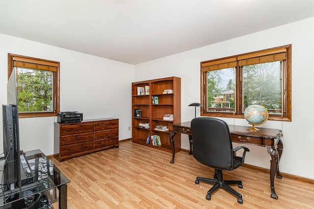 office space featuring baseboards, a healthy amount of sunlight, and wood finished floors