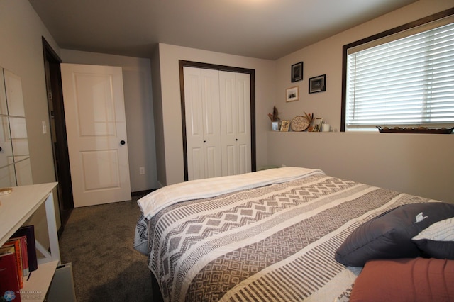 bedroom featuring dark carpet and a closet