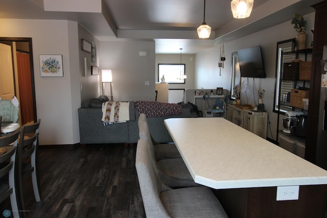 living room featuring dark wood-type flooring and a raised ceiling