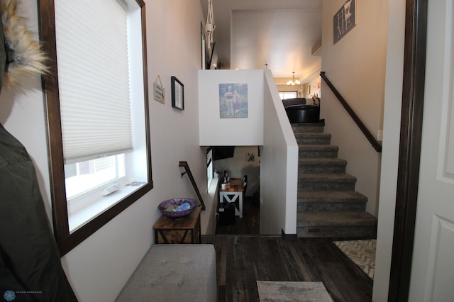 stairs featuring hardwood / wood-style flooring and a notable chandelier