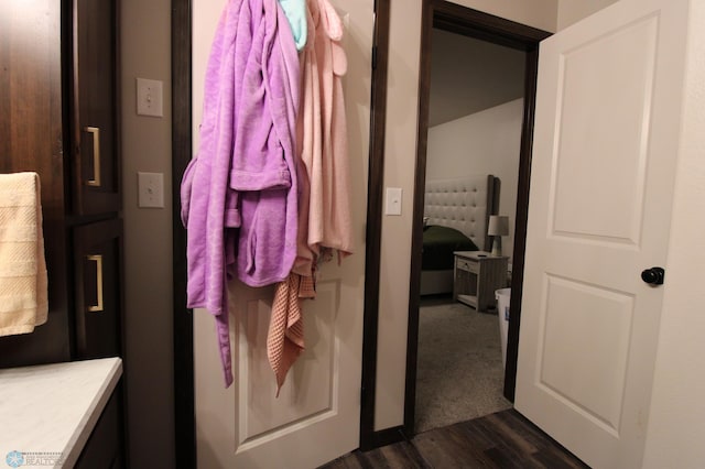 bathroom with vanity and hardwood / wood-style floors