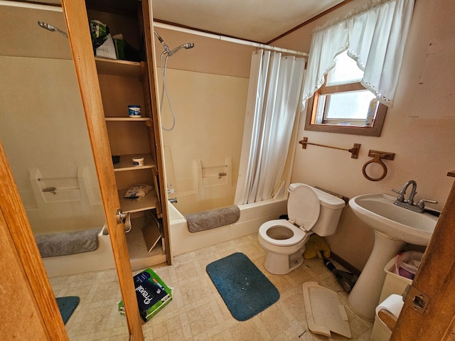 bathroom with toilet and shower / bathtub combination with curtain