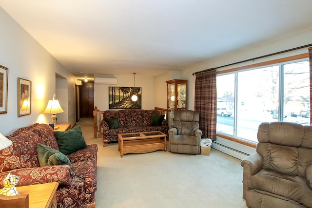 living room featuring carpet, a healthy amount of sunlight, a wall mounted air conditioner, and a baseboard heating unit