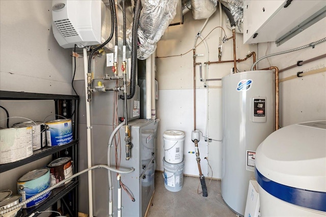 utility room featuring heating unit and water heater