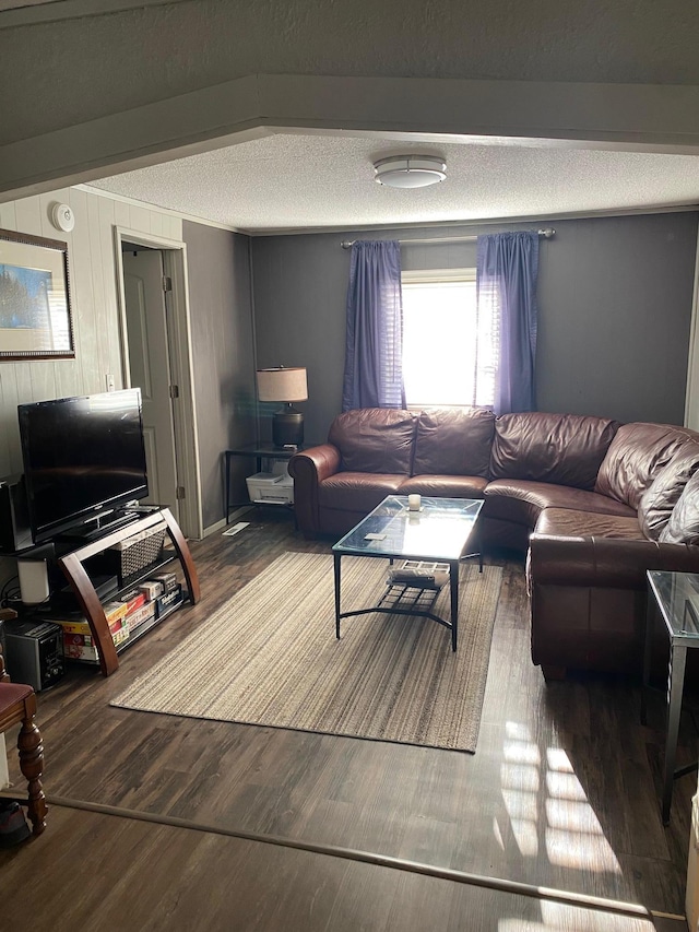 living room featuring hardwood / wood-style floors and a textured ceiling