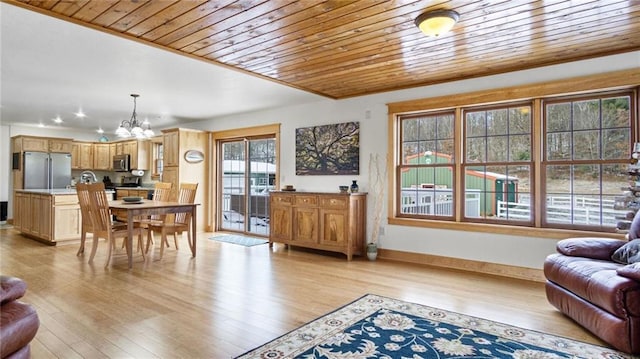 living room with wood ceiling, a chandelier, plenty of natural light, and light hardwood / wood-style floors