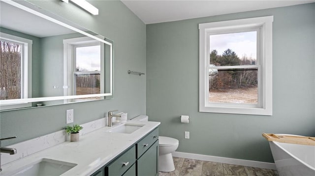 bathroom featuring a bathtub, vanity, and toilet