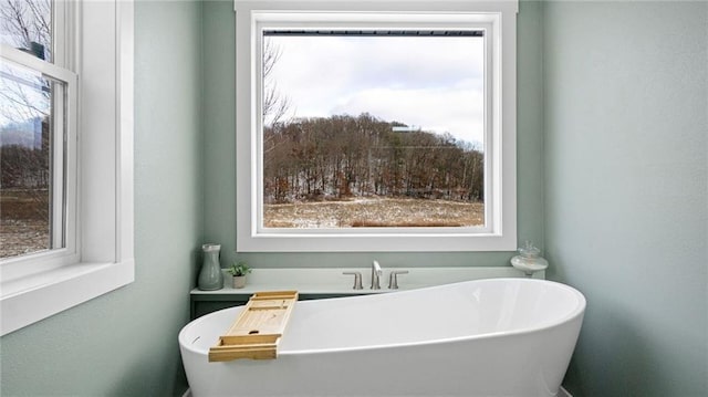 bathroom with a tub to relax in and a healthy amount of sunlight